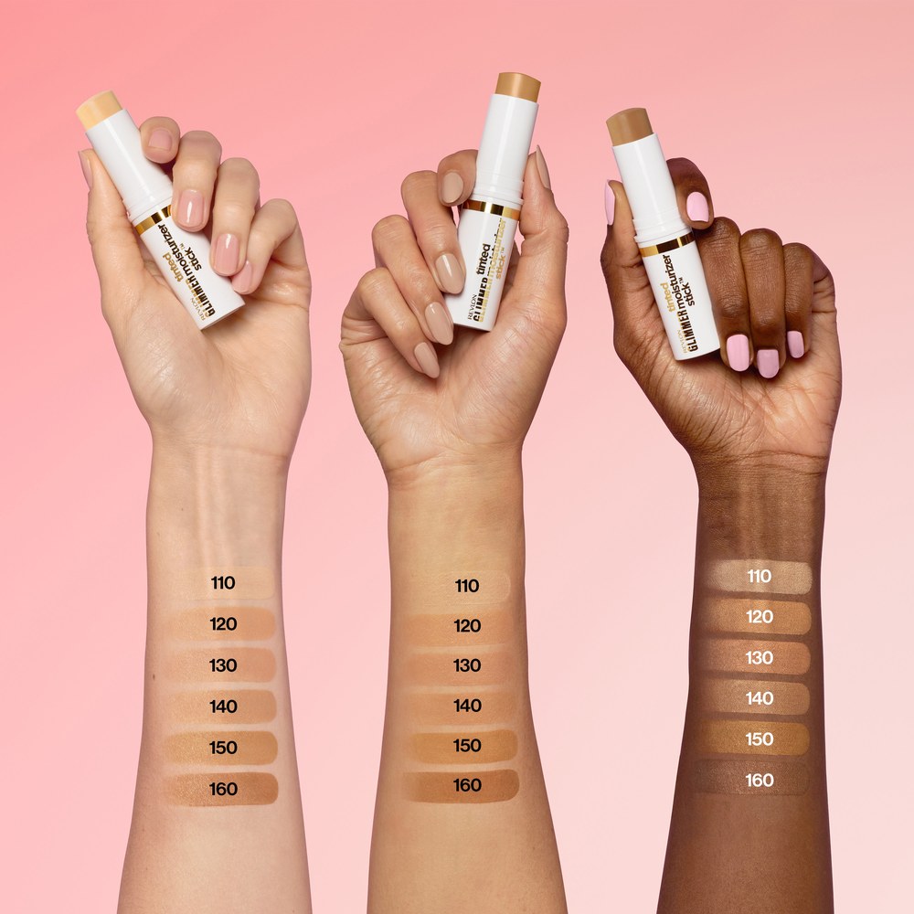 Revlon Glimmer Tinted Moisturizer Stick swatches de los 6 tonos en la piel